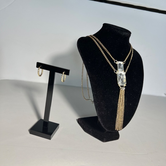 Gold Tone Long Square Crystal Necklace with Artistic Earrings - Picture 2 of 14
